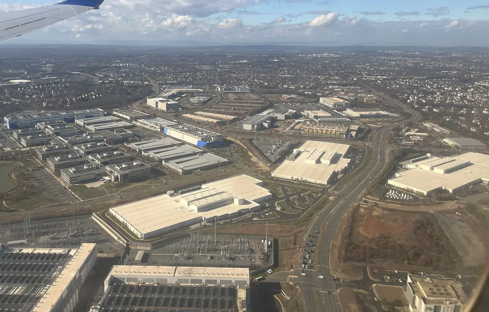 Data center buildings in Ashburn, Loudoun County, Virginia, in the PJM grid region