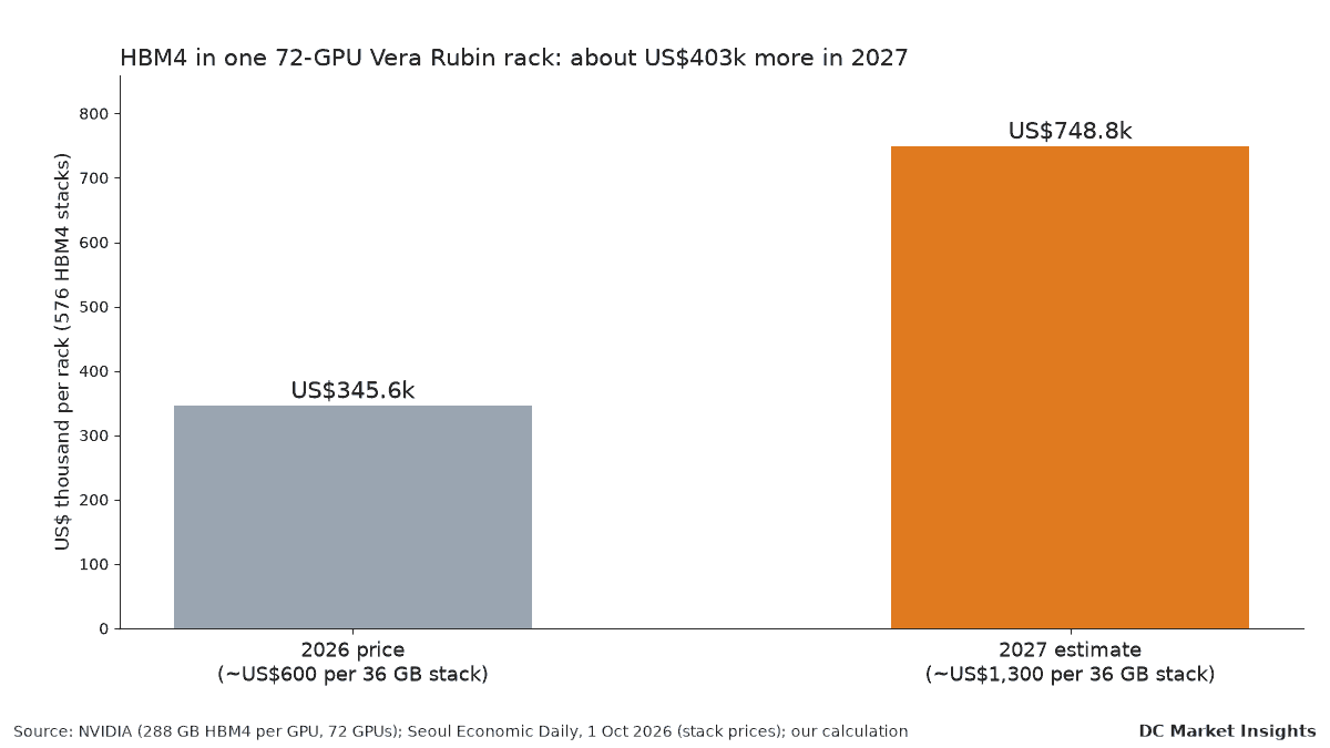 Balkendiagramm: Der HBM4-Speicher in einem NVIDIA-Vera-Rubin-NVL72-Rack mit 72 GPUs kostet zu Preisen von 2026 rund 345,6 Tsd. US$ und zu geschätzten Preisen von 2027 rund 748,8 Tsd. US$