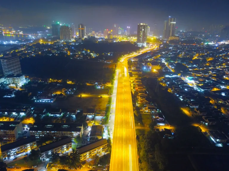 High-rise buildings of Johor Bahru, Malaysia, lit up at night