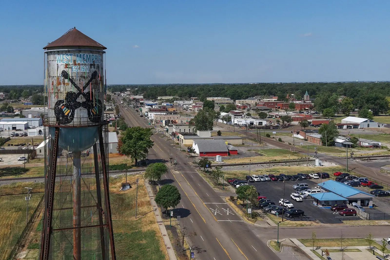 Aerial view of downtown West Memphis, Arkansas, across the Mississippi River from Memphis, where Google is building a data center campus