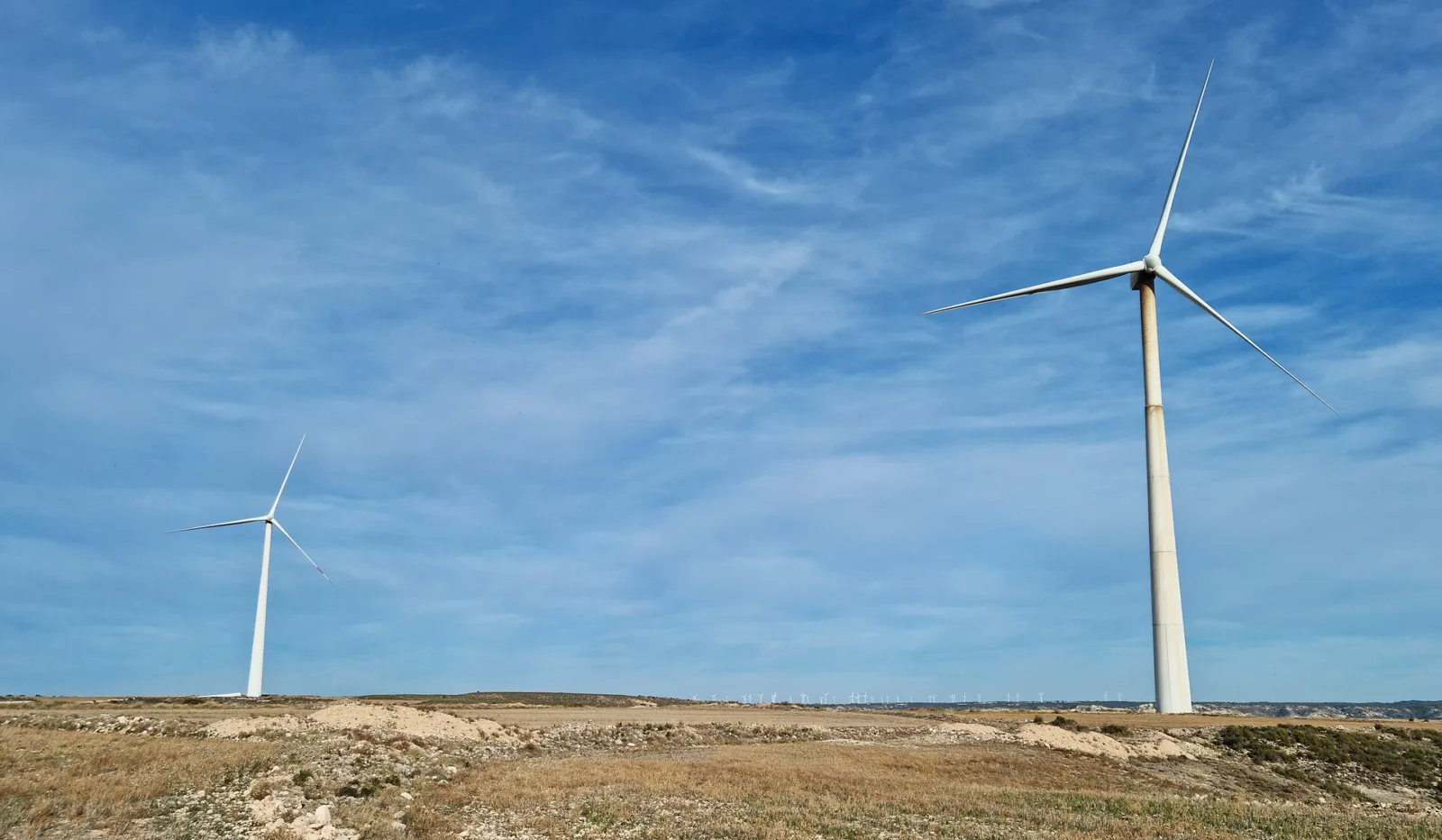 Wind turbines at the Jaulín wind farm near Zaragoza, Aragon, Spain